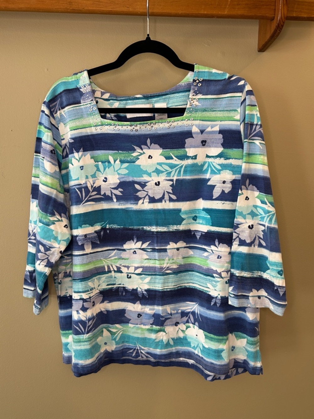 Alfred Dunner Blue & Teal Floral Stripe Scoop Neck Blouse